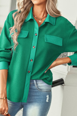 Waffle Knit Fake Pocket Open Button Long Sleeves Shirts