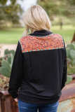 Black Zipped Turn-down Neck Vintage Floral Accent Pocketed Sweatshirt