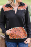 Black Zipped Turn-down Neck Vintage Floral Accent Pocketed Sweatshirt