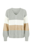 V Neck Color Block Cable Knit Sweaters