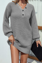 Lantern Sleeve V Neck Button Sweater Dress 