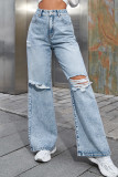 Plain Ripped High Waist Straight Jeans 