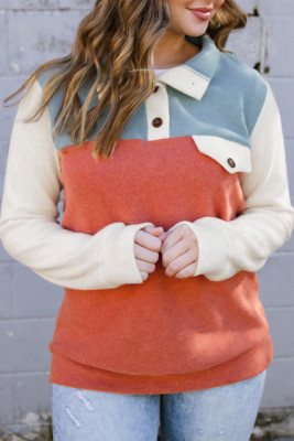 Orange Buttoned Color Block Long Sleeve Top