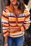 Multicolor Striped Kangaroo Pocket Buttoned Sherpa Sweatshirt