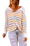 Orange Striped Knitted V Neck Sweater