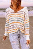 Orange Striped Knitted V Neck Sweater