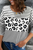 Striped Leopard Splicing Long Sleeves Top