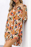 Orange Abstracted Open Button Long Sleeves Dress