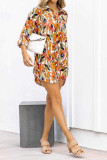 Orange Abstracted Open Button Long Sleeves Dress