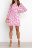 Pink Long Sleeve Flower Print Ruffle Dress 