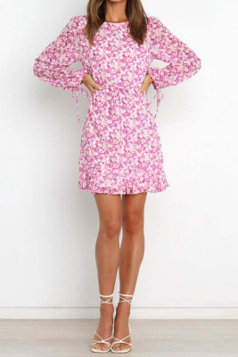 Pink Long Sleeve Flower Print Ruffle Dress 