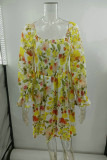 Floral Print Long Puff Sleeve Ruffle Mini Dress 