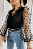 Black Lace Contrast V Neck Puffy Sleeve Blouse
