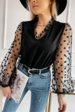 Black Lace Contrast V Neck Puffy Sleeve Blouse