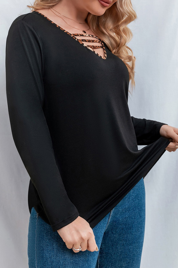 Leopard Straps V Neck Long Sleeve Plus Size Top 