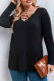 Leopard Straps V Neck Long Sleeve Plus Size Top 