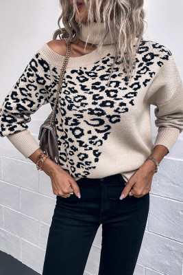 Turtleneck Cold Shoulder Leopard Knitting Sweater 