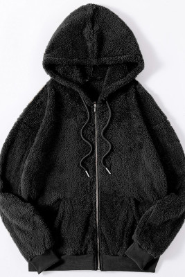 Black Drawstring Zipper Hooded Fleece Sweatshirt Coat