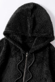 Black Drawstring Zipper Hooded Fleece Sweatshirt Coat