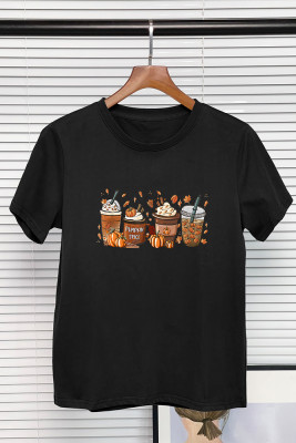 Fall Coffee Halloween Day O-neck Short Couple Sleeve Top UNISHE Wholesale