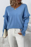 Plain V Neck Ruffle Sleeves Pullover Sweaters