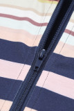 Blue Striped Color Block Thumbhole Sleeve Full Zip Hoodie