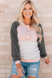 Gray Colorblock Button Accent Pullover Hoodie