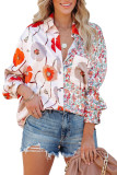 Red Floral Patchwork Buttoned Shirt with Pocket