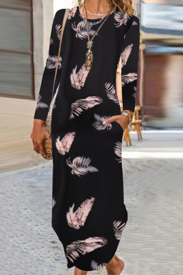 Feather Printed Long Sleeves Maxi Dress