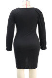 Plus Size Black  V Neck Ruched Dress 