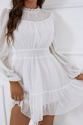White Swiss Dot Smocked Long Sleeves Mini Dress