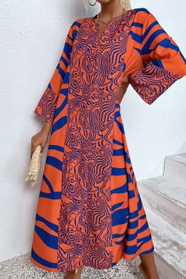 V Neck Orange Oversize Printed Maxi Dress