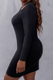 Black Hollow Out Strappy Long Sleeves Plus Size Dress