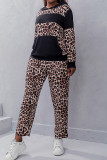 Color Block Leopard Pocketed Hoodies with Pants Plus Size 2pcs Set