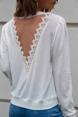 White Backless Lace Edge Long Sleeves Top