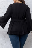 Black Surplice V Neck Flare Sleeves Plus Size Top