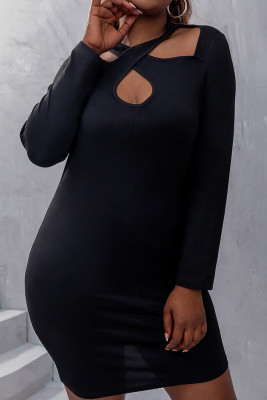 Black Hollow Out Strappy Long Sleeves Plus Size Dress