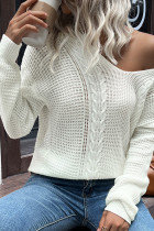 White V Neck Hollow Cable Knit Sweater 