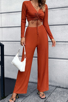 V Neck Ruched Top with Wide Pants 2pcs Pant Set