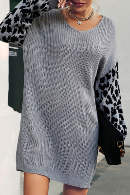 Leopard Sleeve Patchwork Knitting Sweater Dress 