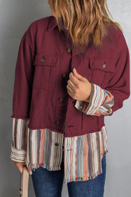 Red Button Up Pockets Striped Color Block Corduroy Jacket