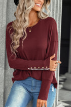 Plain Button Cuff Slope Shoulder Long Sleeves Top