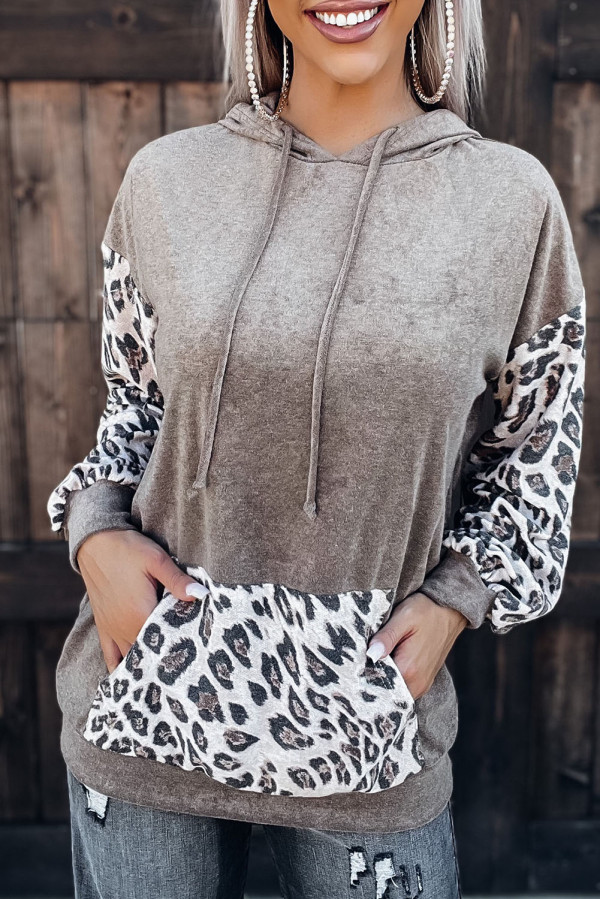 Leopard Patchwork Hooded Sweatshirt with Kangaroo Pocket