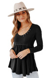 Black Solid Color Buttons Long Sleeve Babydoll Blouse