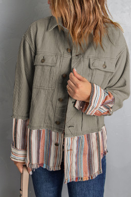 Green Button Up Pockets Striped Color Block Corduroy Jacket