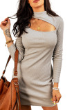 Gray High Neck Cut-out Ribbed Knit Short Dress