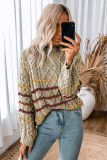 Khaki Striped Color Block Textured Knit Pullover Sweater