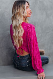 Floral Textured Lace-up Open Back Crop Blouse