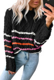 Black Striped Color Block Textured Knit Pullover Sweater