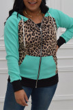 Leopard Patchwork Zipped Pockets Plus Size Hoodie